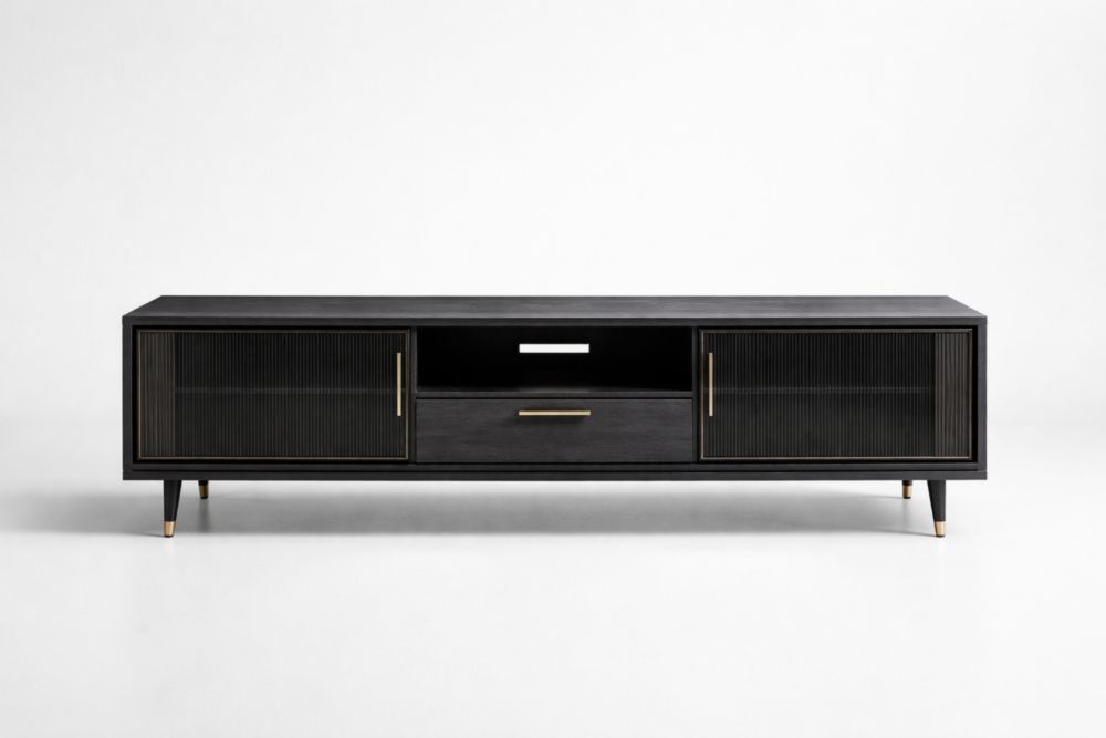 Meuble TV en bois et verre nervuré noir 180 cm