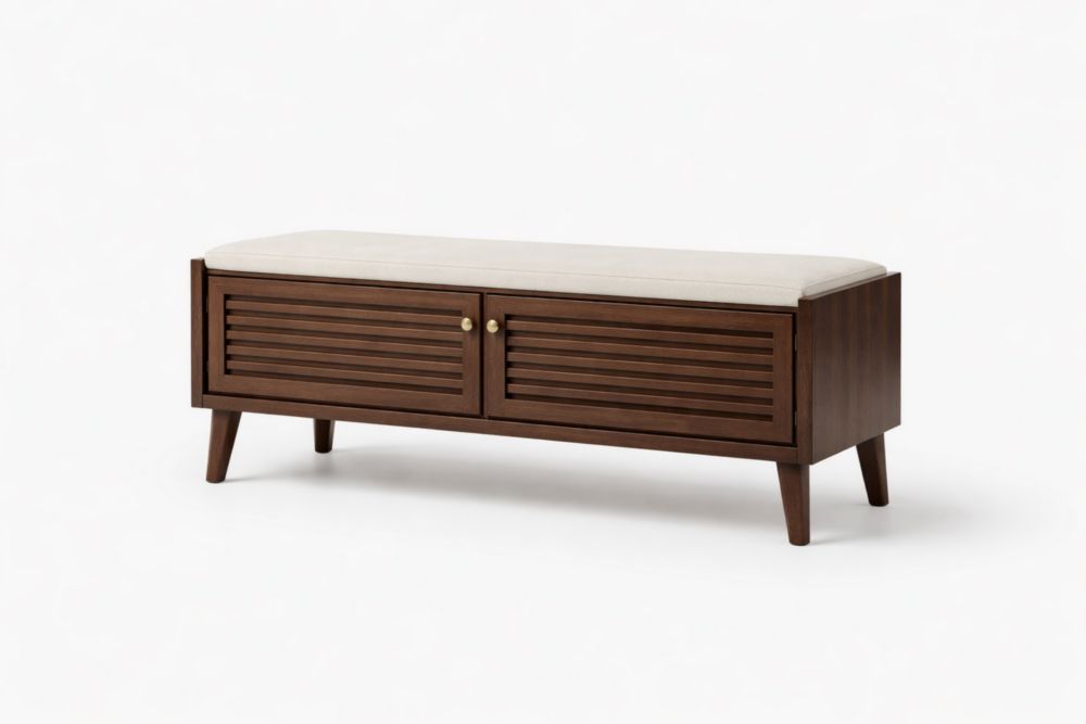 Banc de rangement en bois avec coussin en lin beige