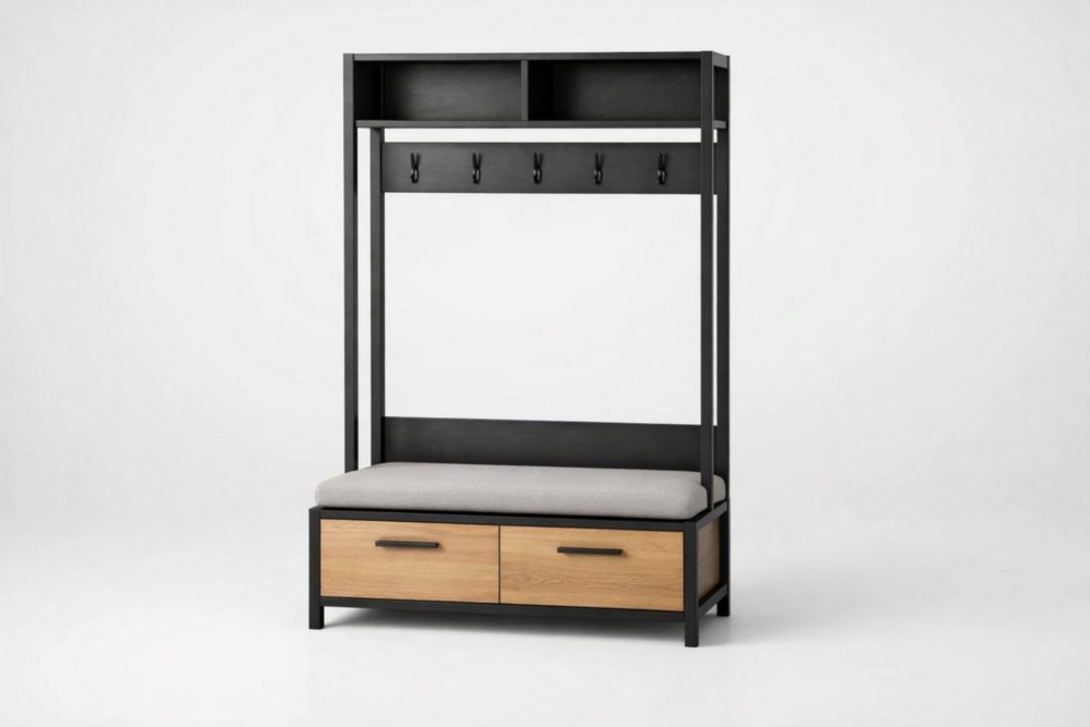 Banc d'entrée en métal et bois avec coussin et tiroirs 180cm