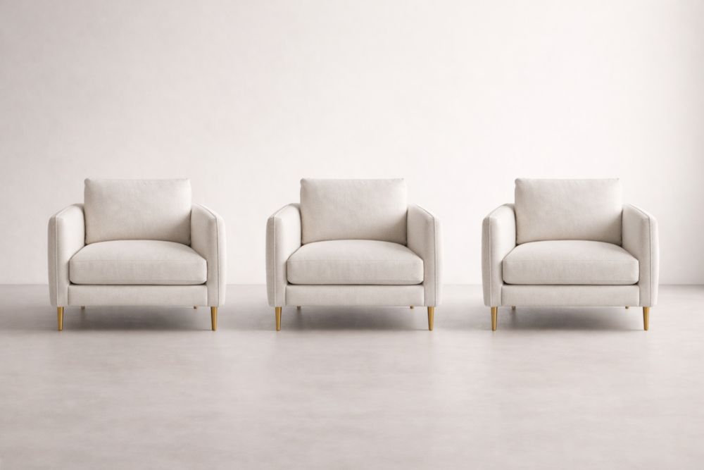 Lot de 3 fauteuils en tissu blanc avec pieds en bois