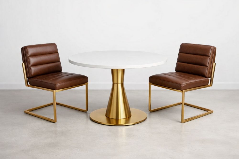 Table ronde avec plateau en bois effet marbre et pieds en métal et chaise en simili cuir brun