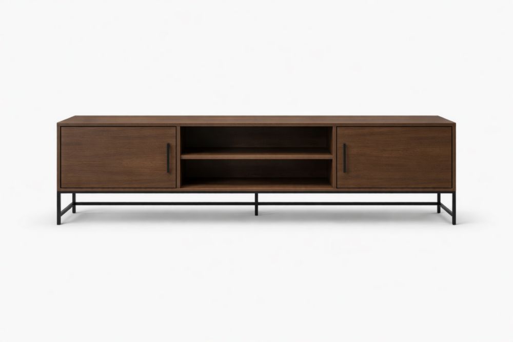 Meuble TV en bois placage noyer et métal noir 180 cm