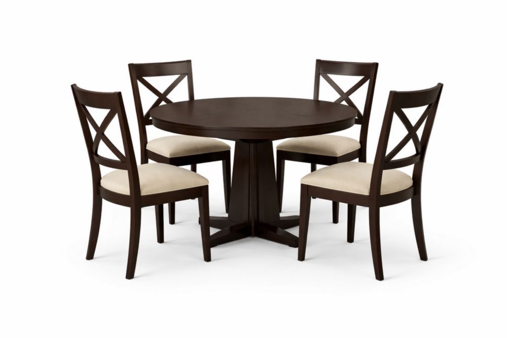 Table ronde en bois avec 4 chaises tissu beige