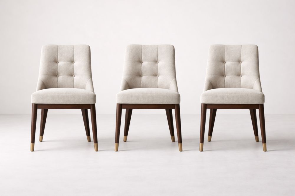 Ensemble de 3 Chaises de Salle à Manger en Tissu Beige et Bois Massif