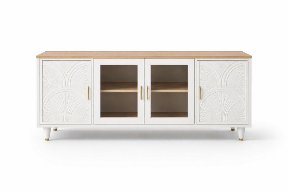 Buffet en bois MDF avec portes en verre trempé sculptées, Blanc et Bois Naturel, 150 cm