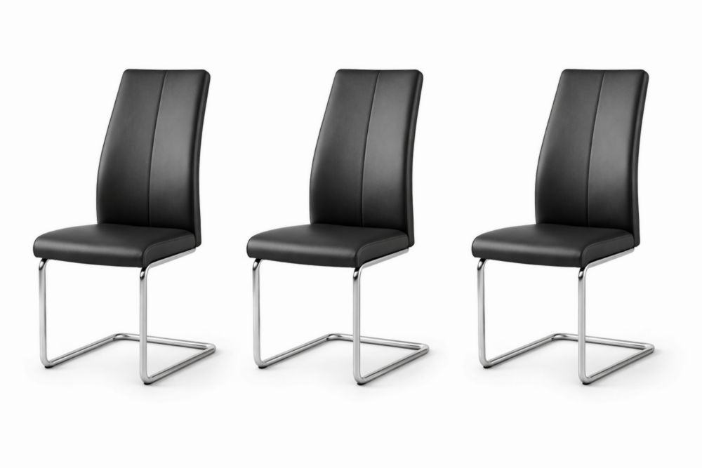 Lot de 3 chaises cantilever en cuir synthétique noir et métal chromé