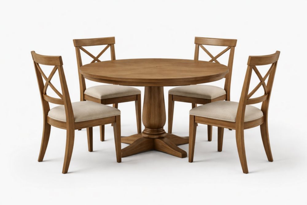 Table Ronde en Bois avec 4 Chaises Rembourrées