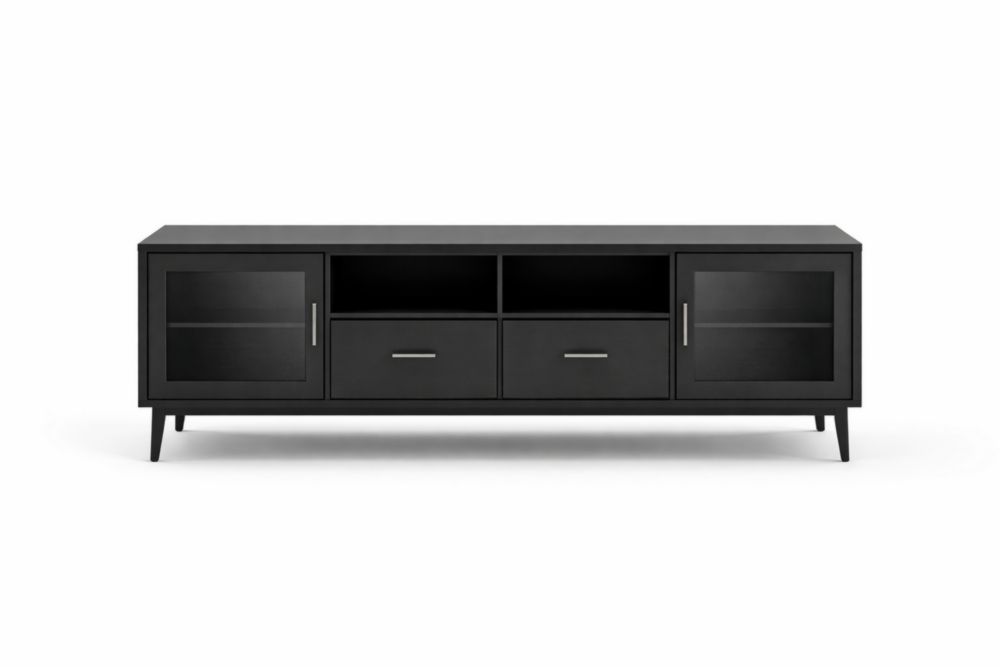 Meuble TV rectangulaire 2 portes 2 tiroirs MDF noir 150 cm