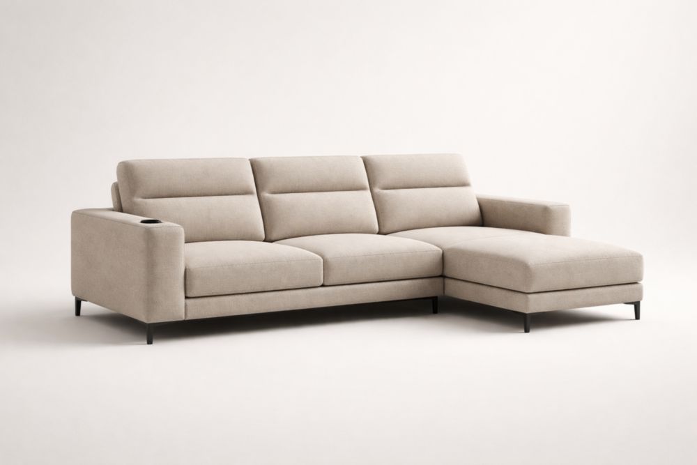 Canapé d'angle en tissu beige avec porte-gobelet