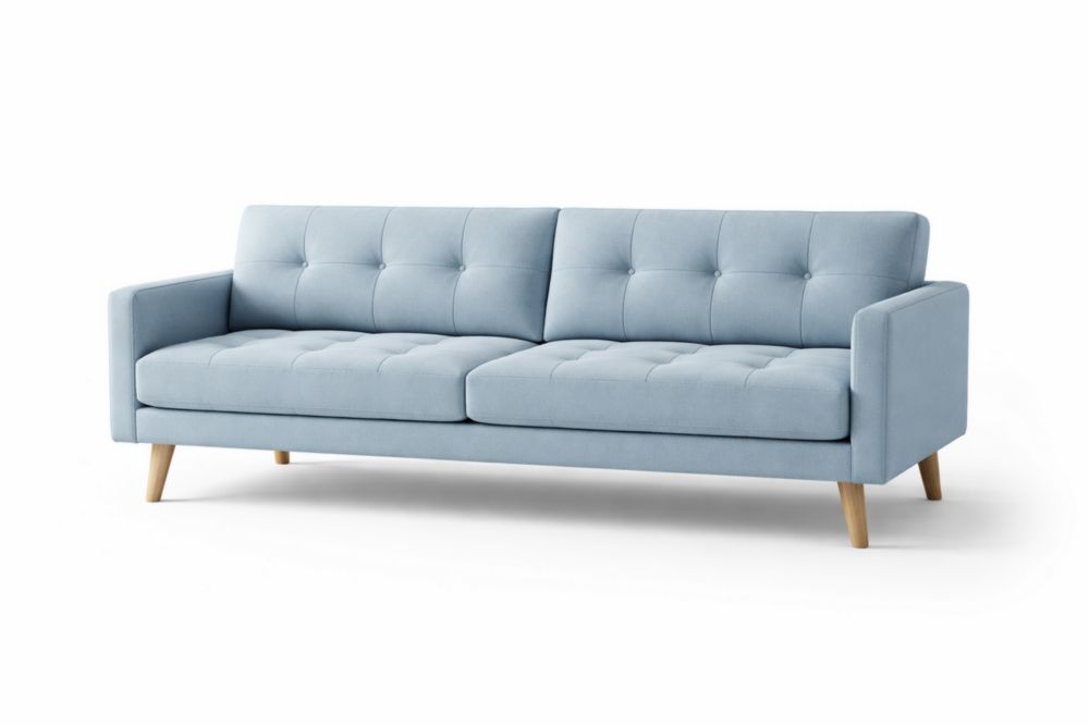 Canapé 3 places en tissu polyester Bleu Clair avec pieds en bois