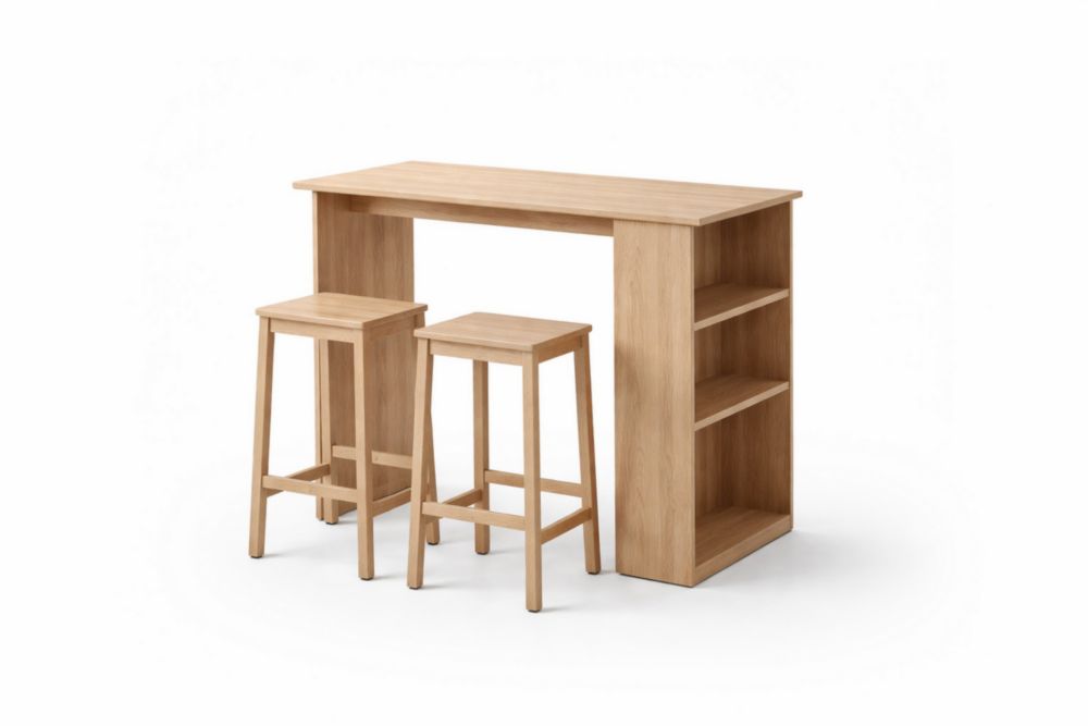 Table haute avec tabourets en bois chêne clair