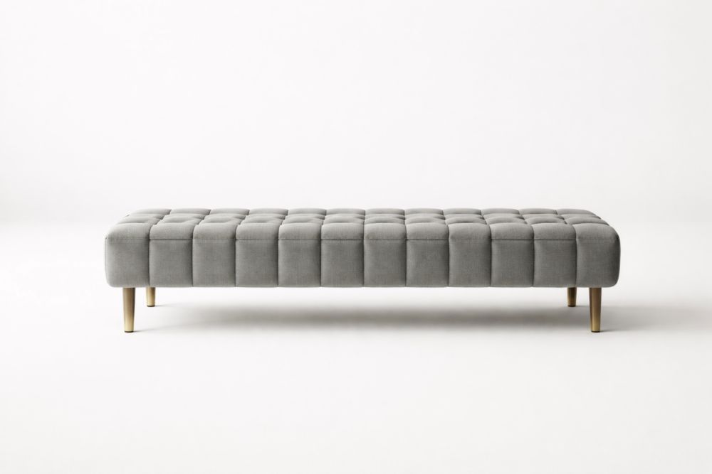 Banquette rectangulaire en velours gris avec pieds en bois