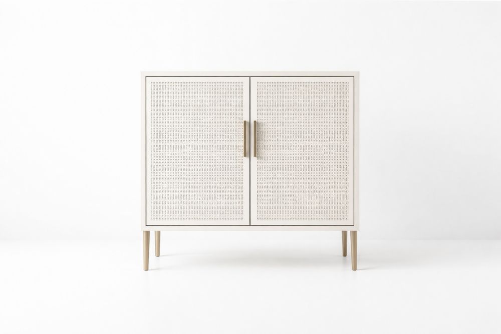 Meuble de rangement blanc 90×40×75 cm en MDF laqué avec portes en rotin naturel et pieds en acier