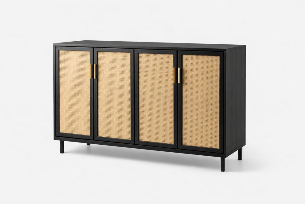 Buffet en bois et rotin 4 portes