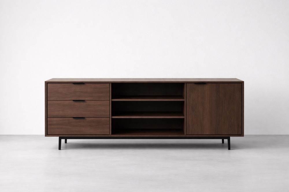 Buffet de rangement en noyer foncé 180×45×75 cm avec 3 tiroirs, 1 porte et 3 étagères ouvertes