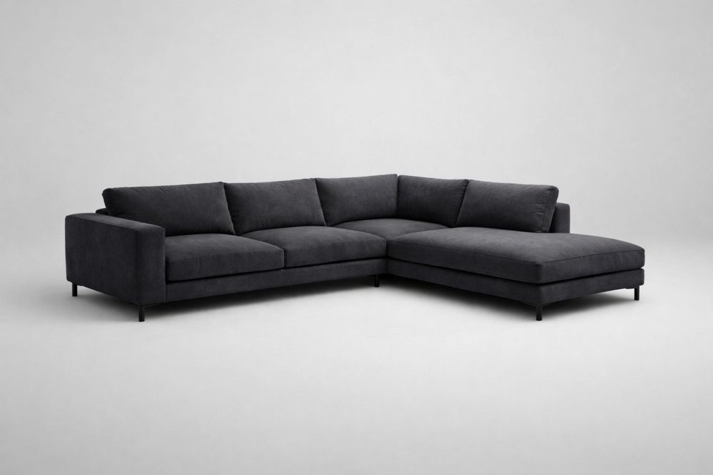 Canapé d’angle en tissu gris foncé 290×180×85 cm avec structure en MDF et contreplaqué, pieds en acier