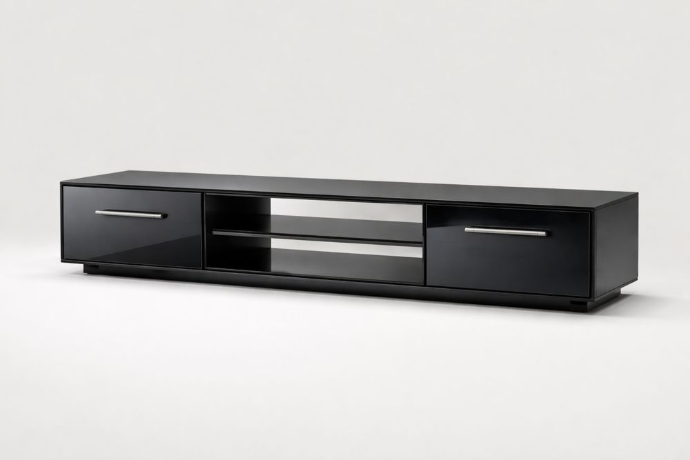 Meuble TV bas noir en bois et verre trempé 200 cm