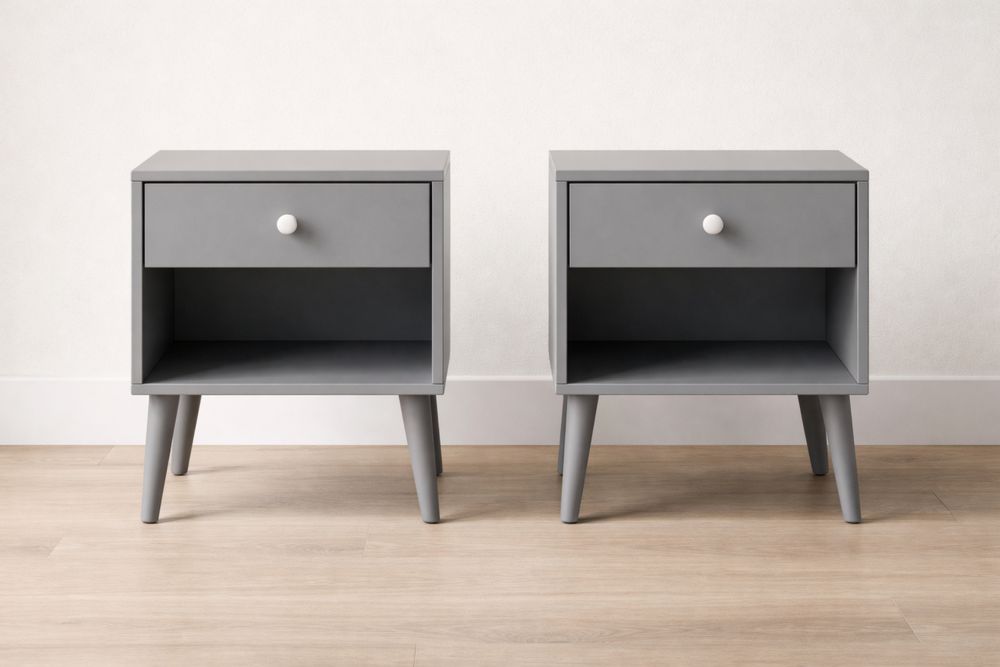 Table de chevet en bois composite gris avec tiroir et étagère, ensemble de 2