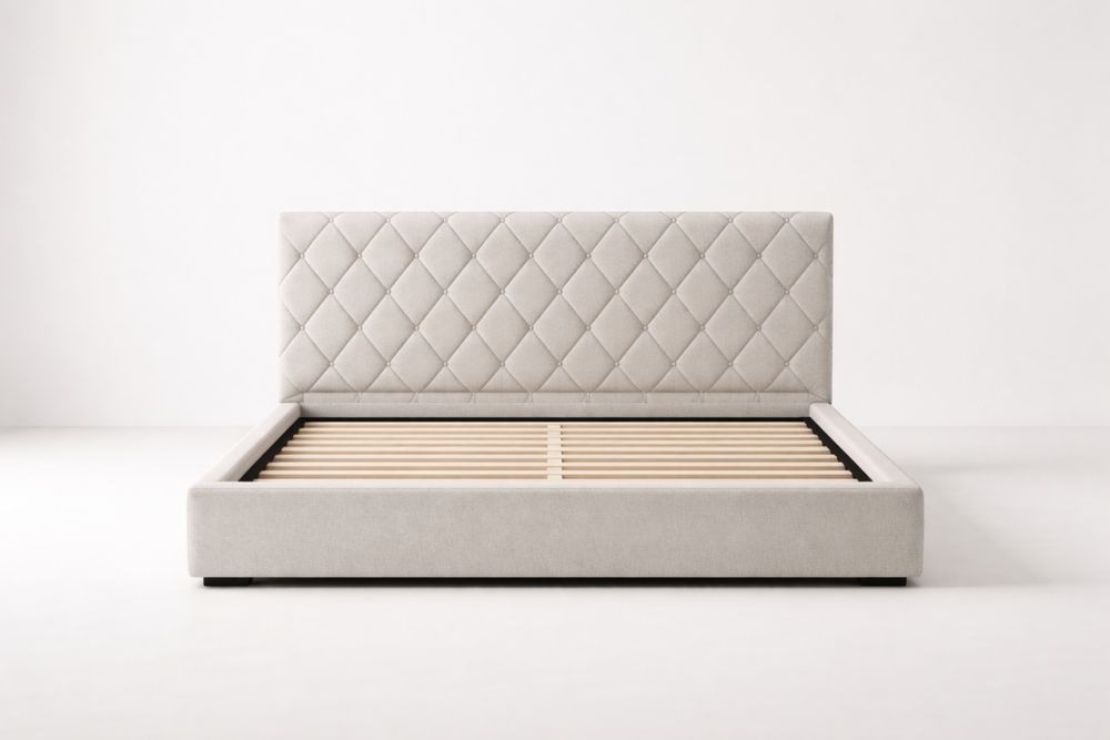 Lit Double en Tissu Beige avec Tête de Lit Capitonnée