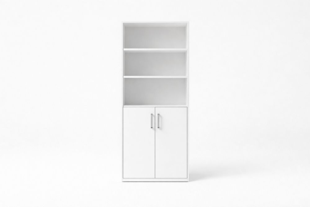 Armoire haute blanche en panneau de particules avec étagères et portes