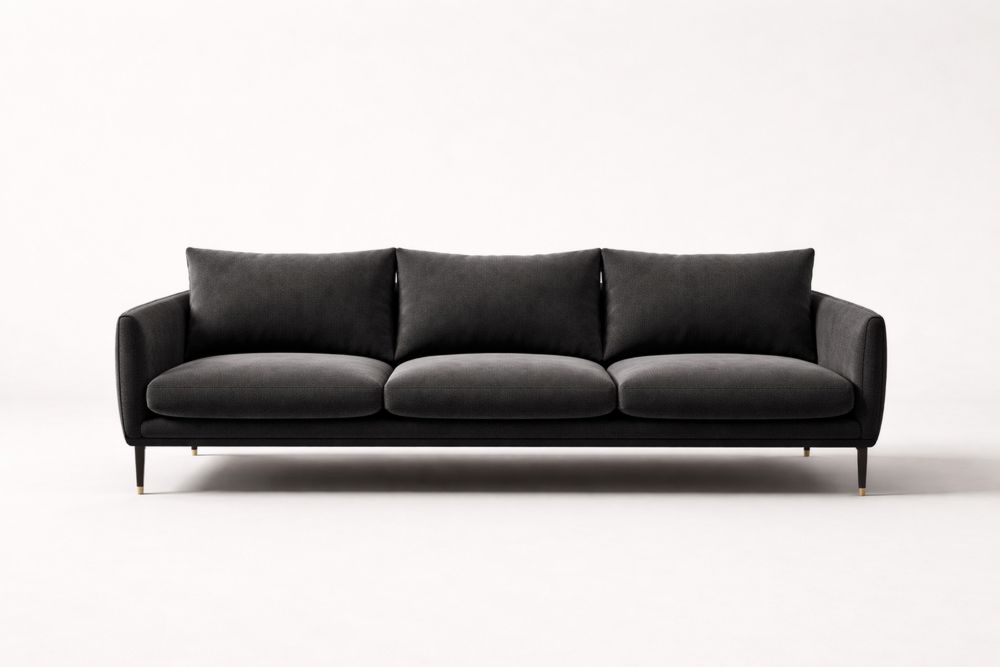 Canapé 3 places en tissu gris foncé 220×85×75 cm avec structure en MDF et contreplaqué, pieds en acier noir