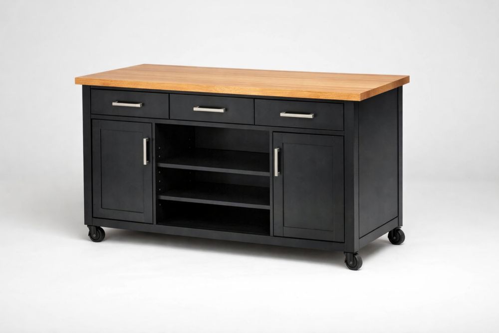 Îlot de cuisine en bois et acier avec roulettes