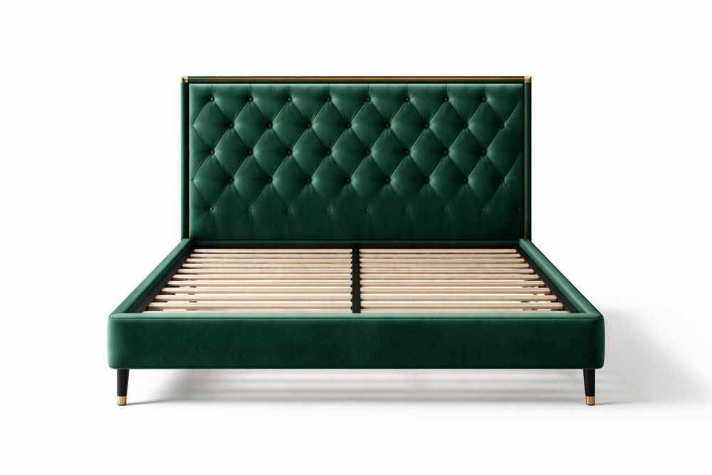 Lit plateforme velours vert cadre en bois tête capitonnée