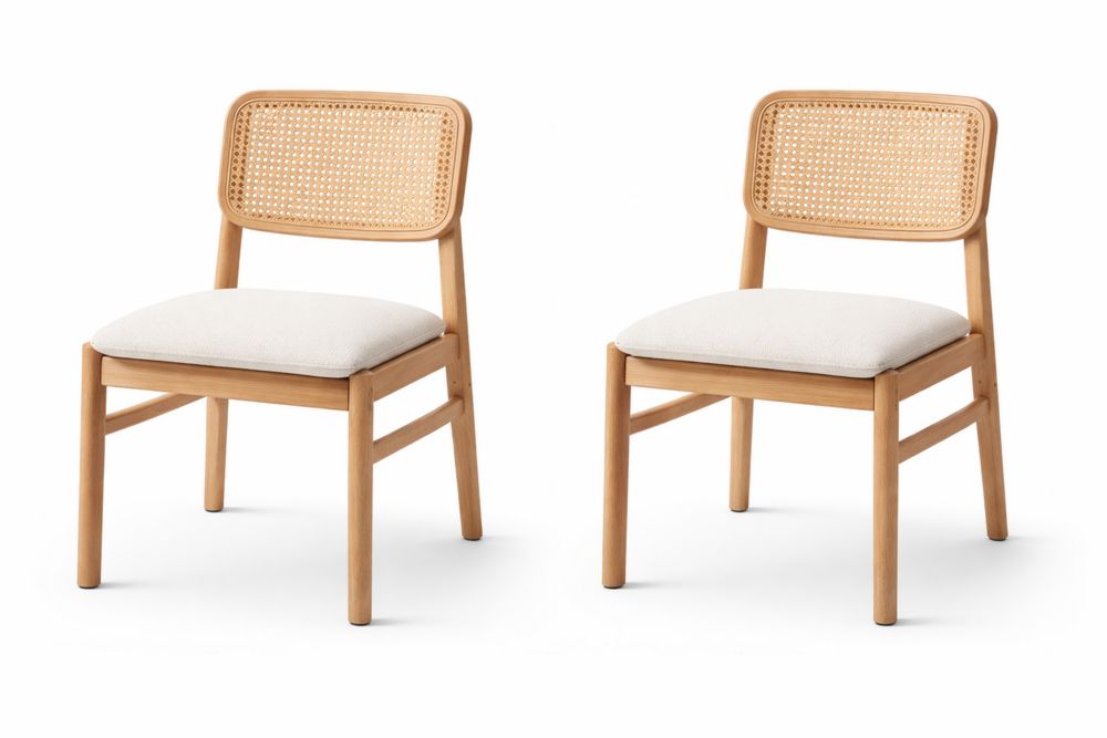 Chaises en bois avec dossier en rotin et coussin en polyester - Lot de 2