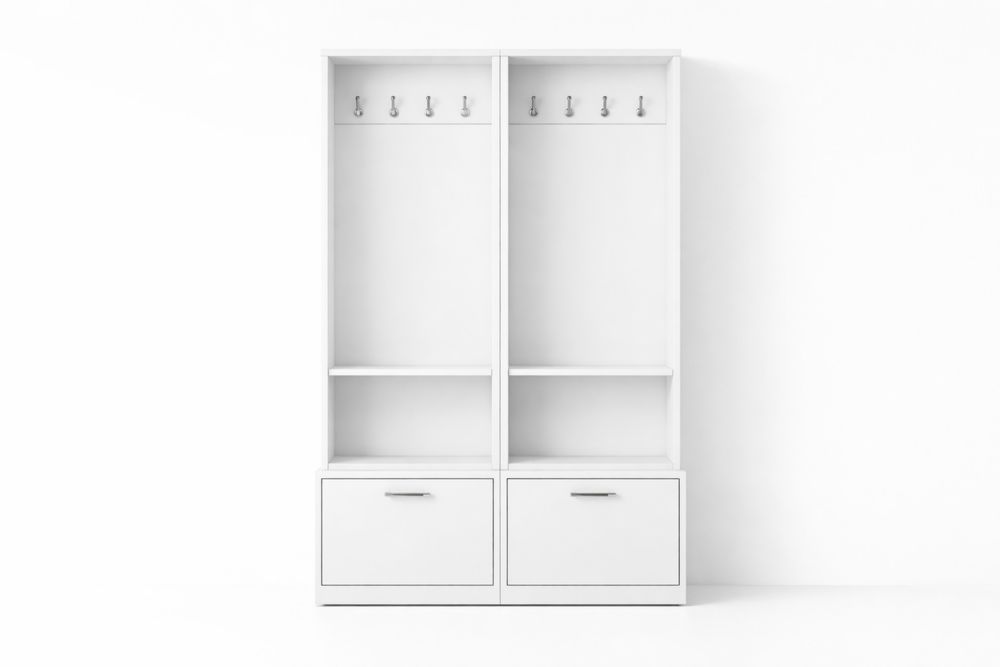 Portemanteau blanc en bois avec crochets et étagères