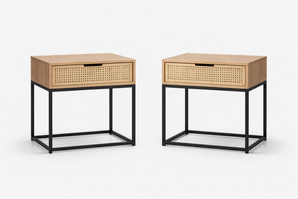 Tables de chevet en bois de chêne et acier noir