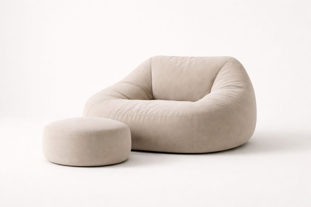 Fauteuil en Tissu Beige avec Pouf