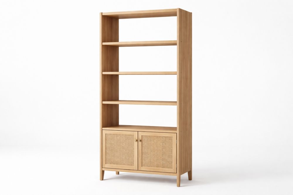 Bibliothèque haute en chêne massif et rotin naturel avec portes