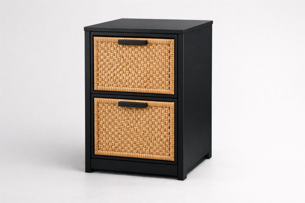 Classeurs à Tiroirs en MDF Noir et Rotin Naturel
