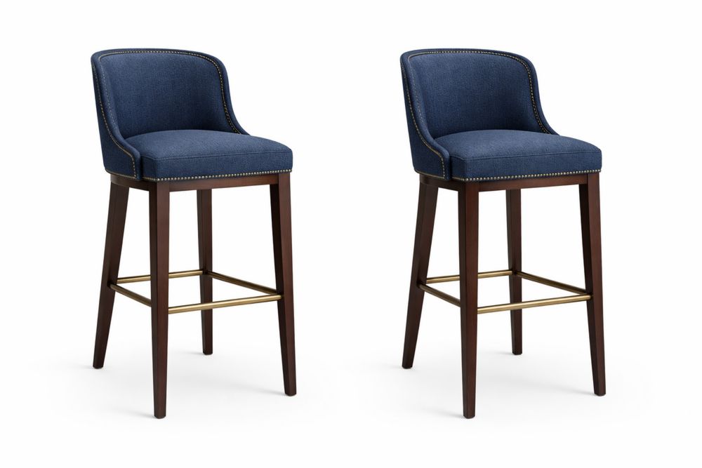 Tabourets de bar en bois et tissu bleu foncé - Lot de 2