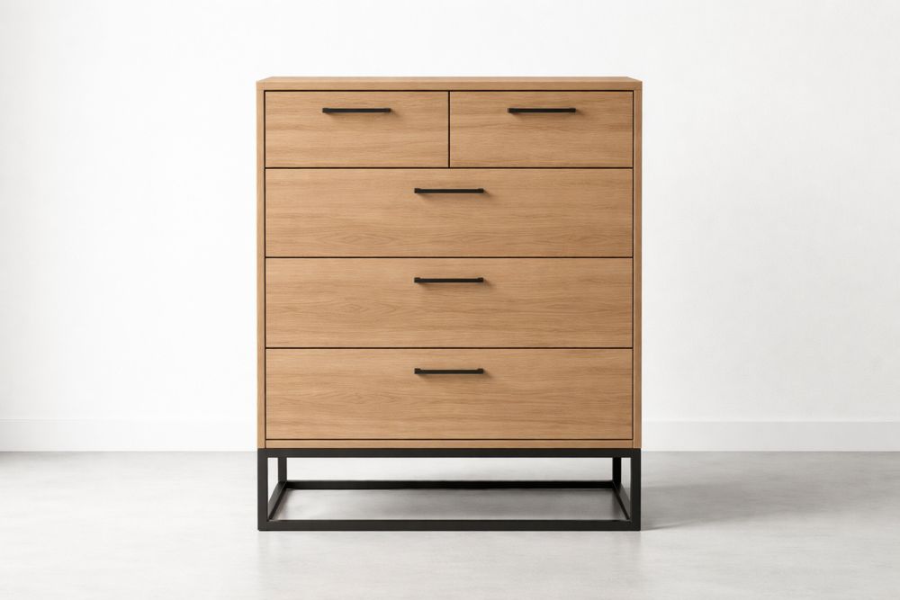 Commode en bois et acier noir avec 5 tiroirs