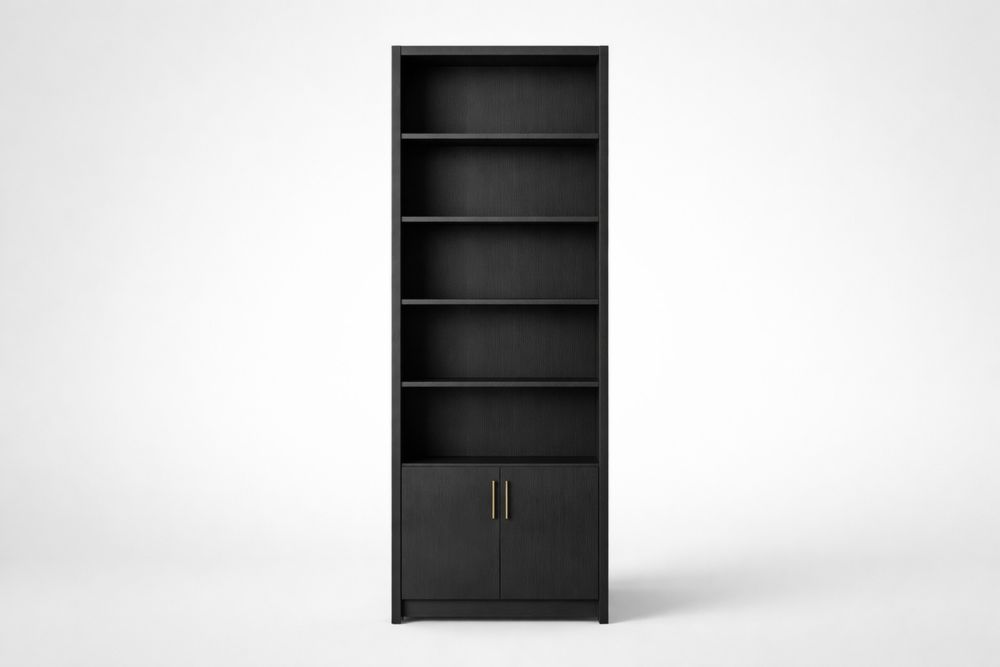 Bibliothèque en bois noire avec portes et étagères