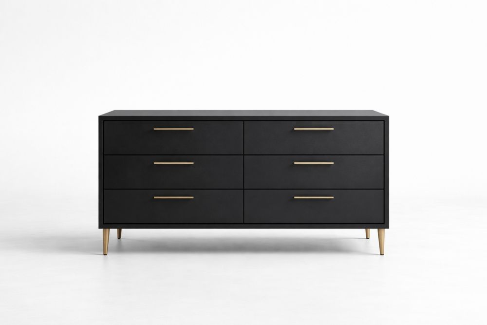 Commode en bois noir avec poignées en laiton et 6 tiroirs