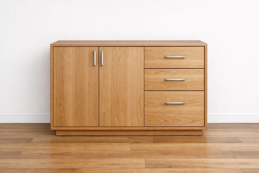 Buffet en chêne verni 120×40×80 cm avec 3 tiroirs, 2 portes battantes et poignées en acier