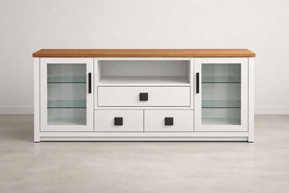 Buffet en bois blanc avec plateau en noyer et portes en verre