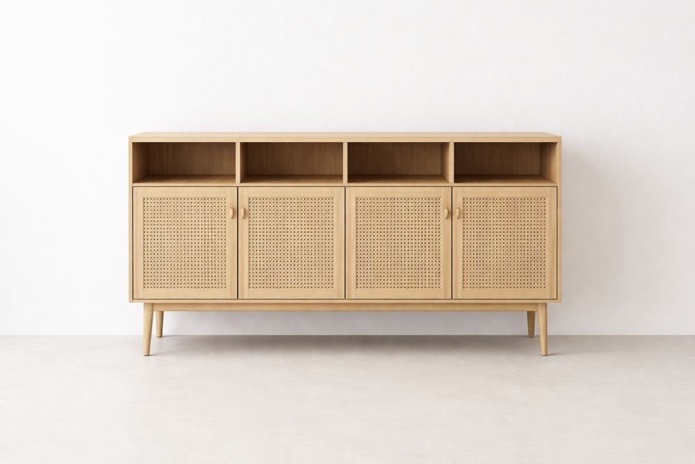 Buffet en chêne massif 160×40×90 cm avec 4 portes en cannage et 4 compartiments ouverts