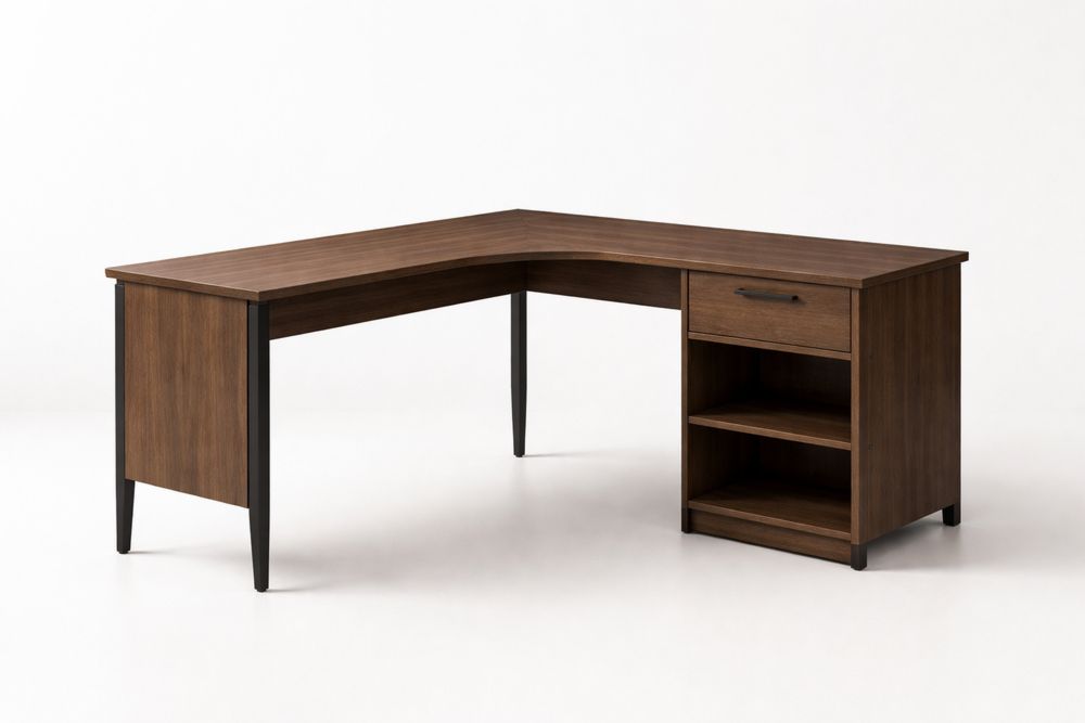 Bureau d'angle en bois avec tiroir et étagères