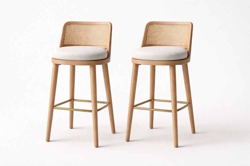Tabourets de bar en bois et rotin avec coussin en tissu