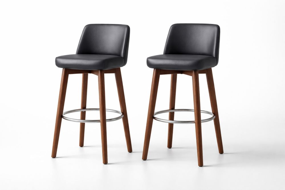 Tabourets de Bar en Bois de Noyer et Polyuréthane Noir avec Repose-Pieds Acier