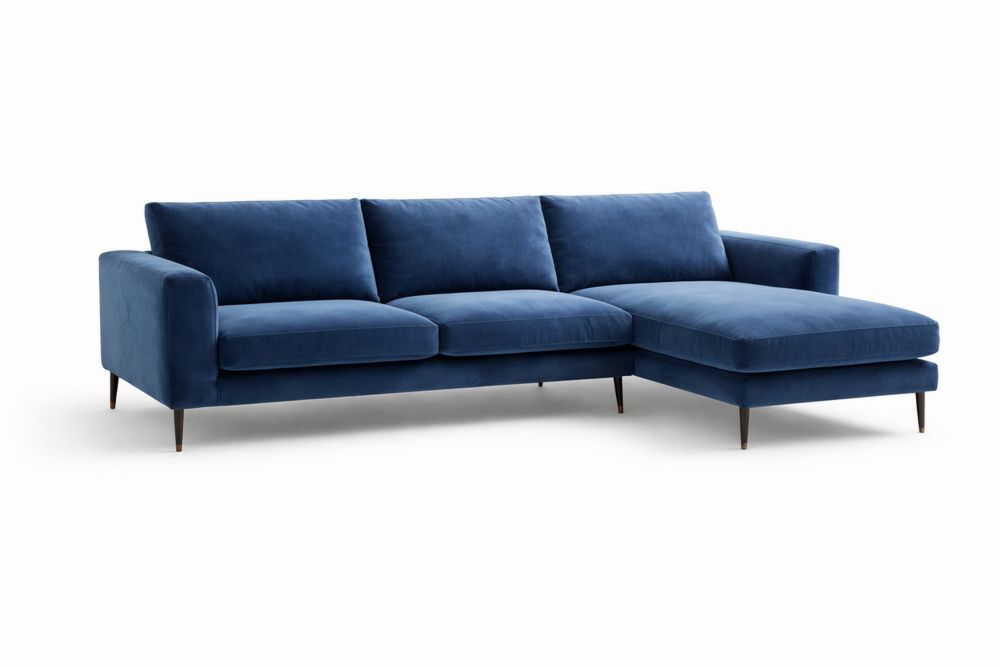 Canapé d'angle velours bleu 3 places avec méridienne droite