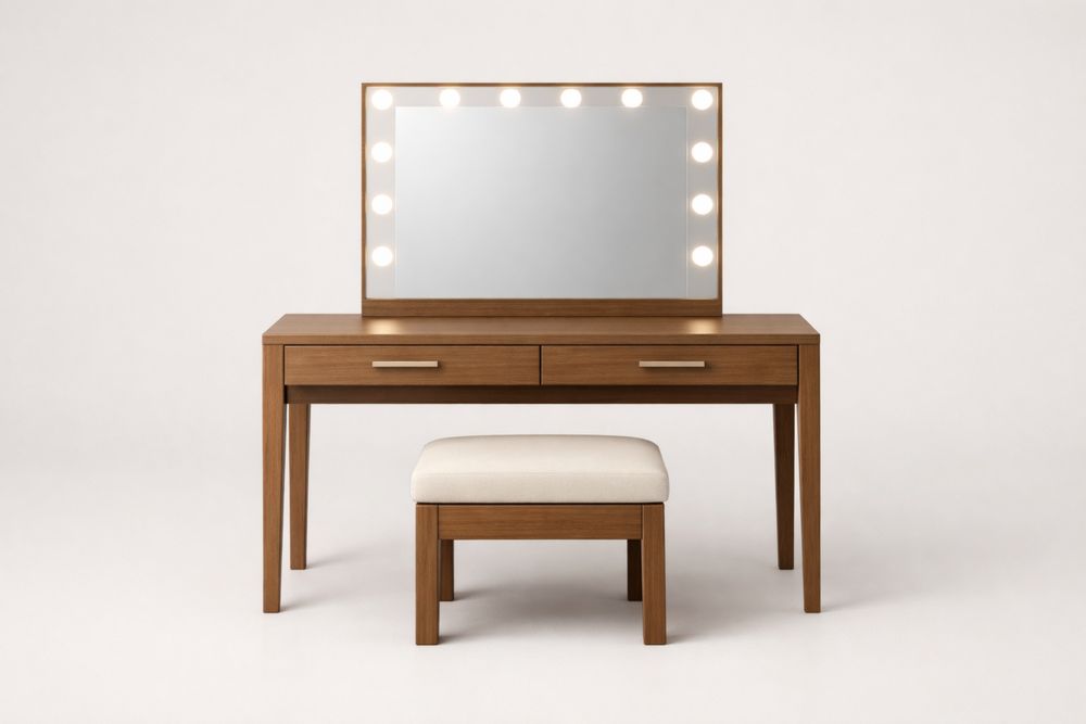 Coiffeuse en bois avec miroir éclairé et tabouret