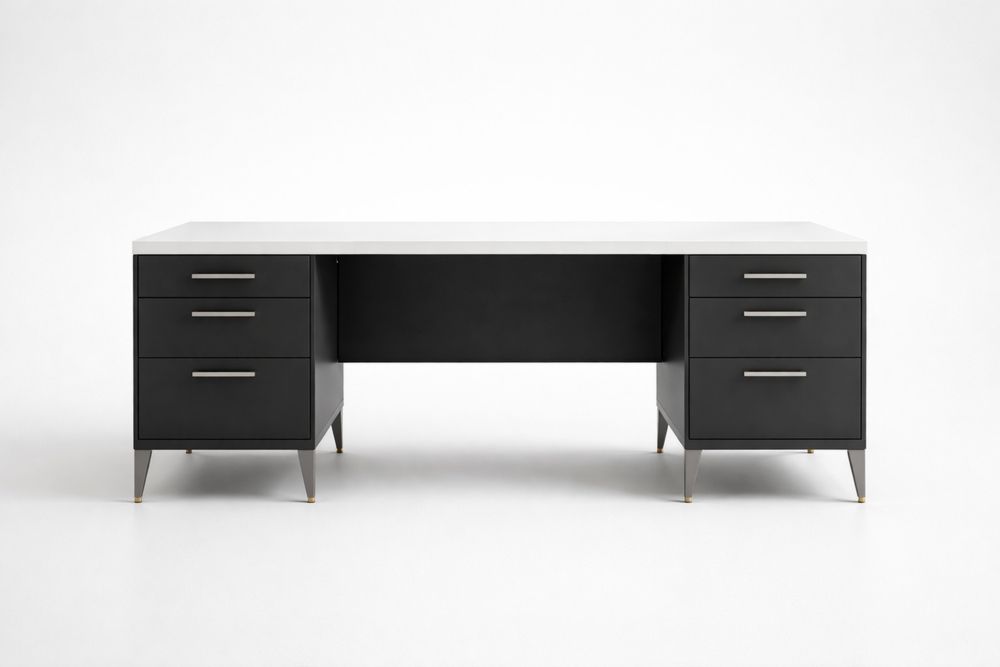 Bureau en acier noir et blanc avec 6 tiroirs