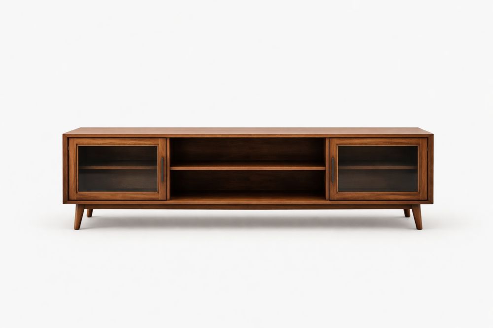 Meuble TV en bois de noyer avec portes en verre trempé