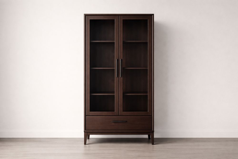 Vitrine en MDF brun 85×40×180 cm avec portes en verre trempé et poignées en acier