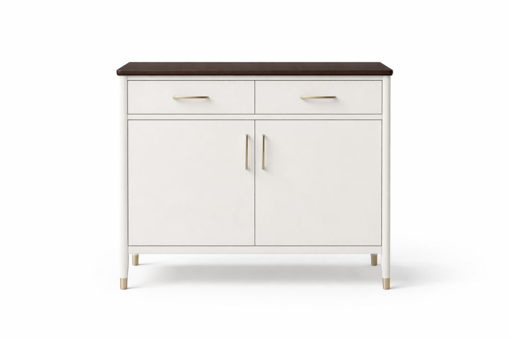 Buffet blanc 120×45×100 cm avec plateau en bois massif d’hévéa, 2 tiroirs et 2 portes, poignées dorées