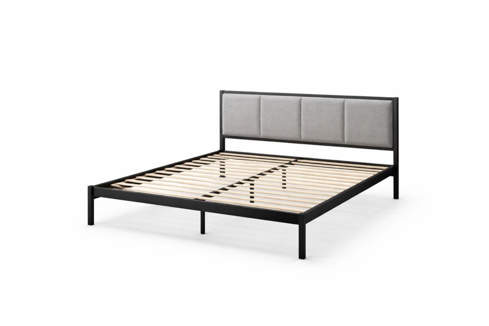 Lit double en acier noir avec tête de lit rembourrée en tissu gris 200x160 cm